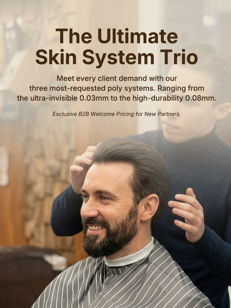 Promotional banner for The Ultimate Skin System Trio, showing a barber inspecting a man's hair system. Features three poly systems (0.03mm to 0.08mm) with exclusive B2B welcome pricing.