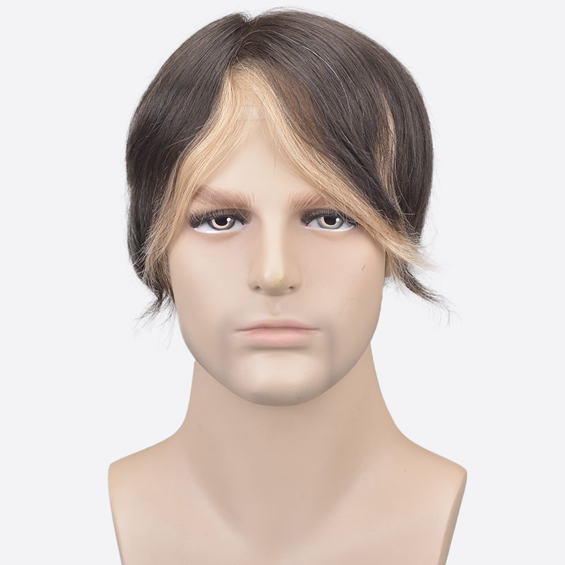 Blonde Streak In Front of Hair Wig For Men Is Custom Hair Replacement Toupee From Bono Hair