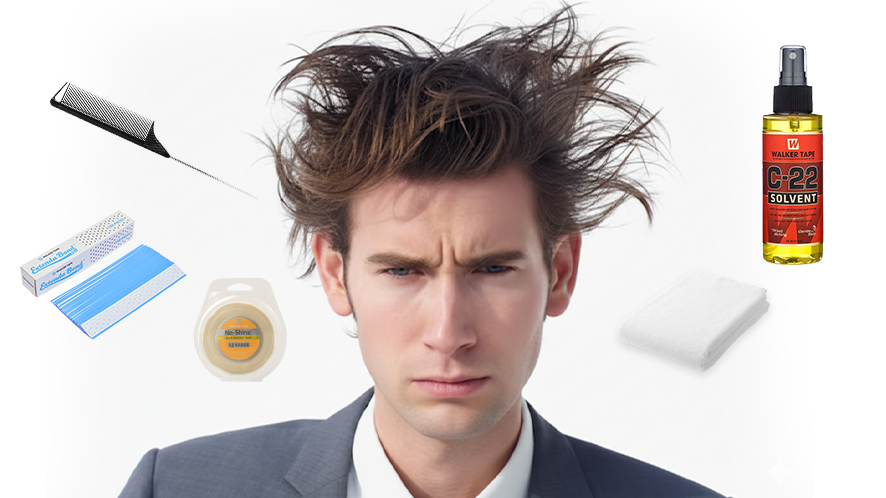 man with a messy hair system that needs maintenance