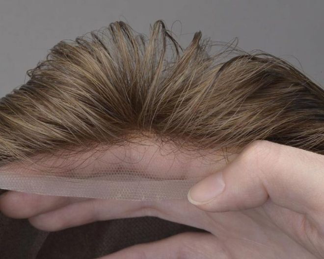Hybrid hair system with lace hairline close-up