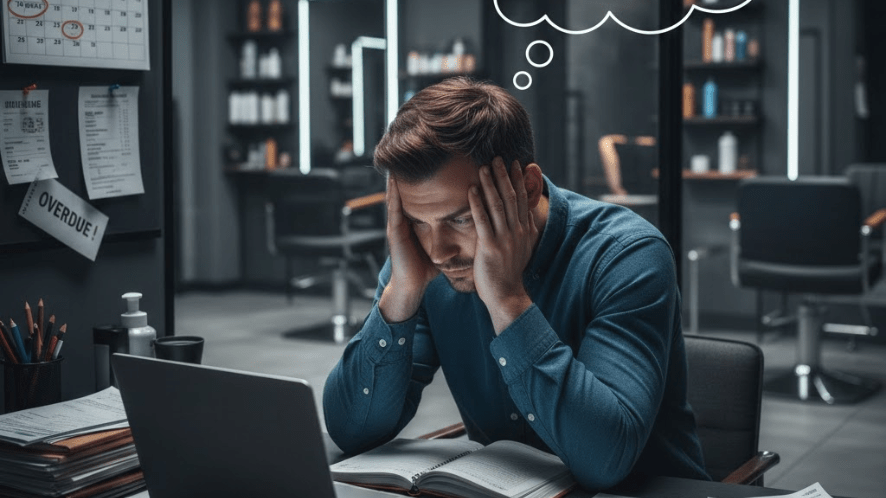 a salon owner staring at the laptop worring about the bills