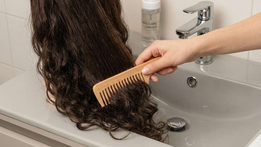 detangling human hair wig with a wide-tooth comb