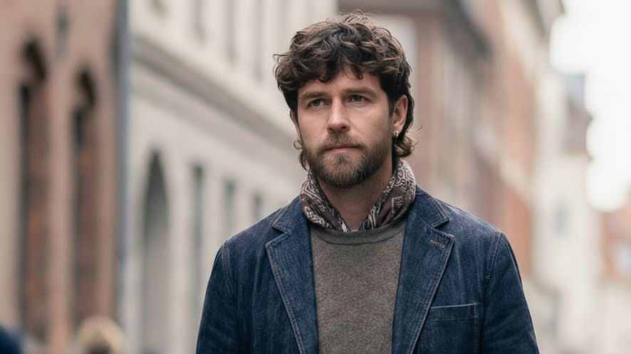 A man walking on the street with boy bangs hairstyle