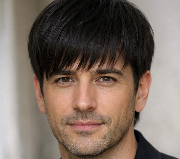 A man with textured boy bangs hairstyle suited for oval face shape