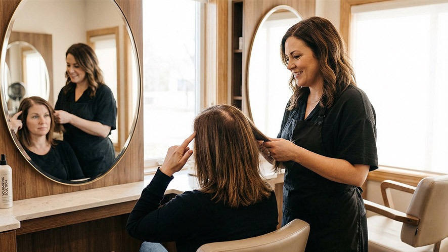A hairstylist consulting with a client in a modern hair salo