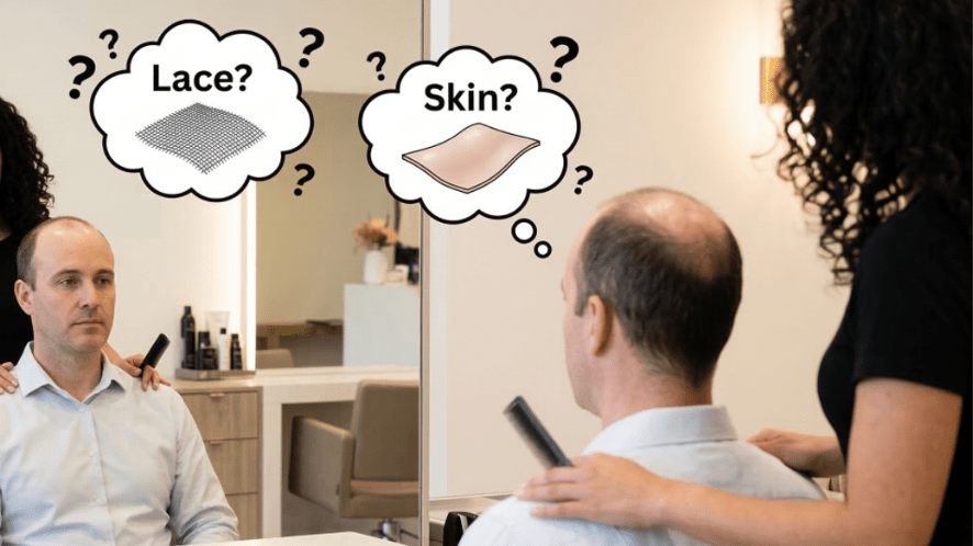 A salon client deciding between Lace and Skin hairpiece bases, represented by thought bubbles.