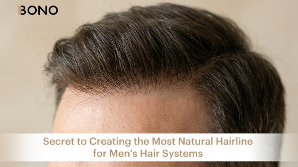 close shot of a very natural hairline on a men's hair system on the wearer's head