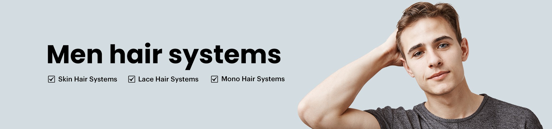 Men's hair systems banner featuring a male model with options for skin, lace, and mono hair systems
