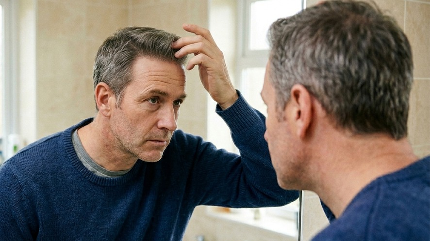 a middle-aged man checking his toupee's hairline in a mirror