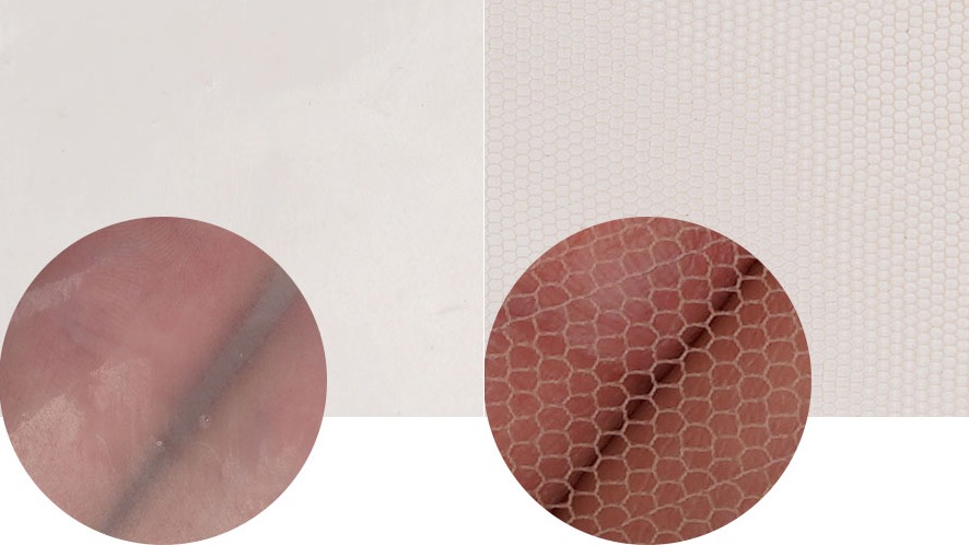 close shot of hair system base material conparison: thin skin vs. French lace