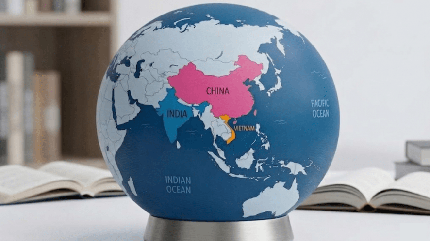 An Asian core focus globe highlighting China, India, and Vietnam