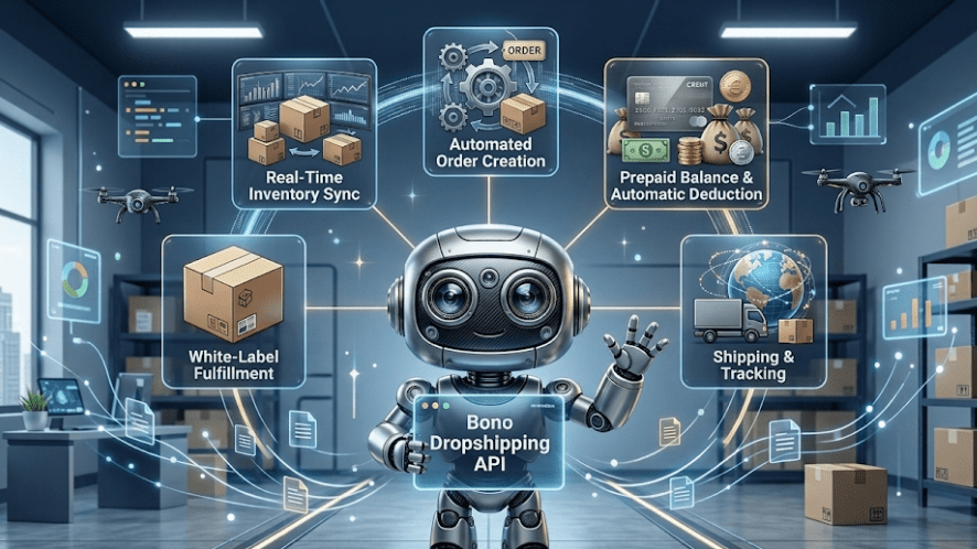 A conceptual diagram of the Bono Dropshipping API showing its five core functions: Real-Time Inventory, Automated Orders, Prepaid Balance, White-Label Fulfillment, and Shipping Tracking.