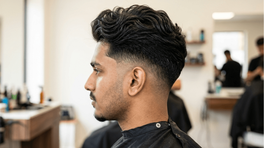 Side profile of a man in a barbershop, showcasing a classic long top with skin fade, textured dark hair styled upwards on top.