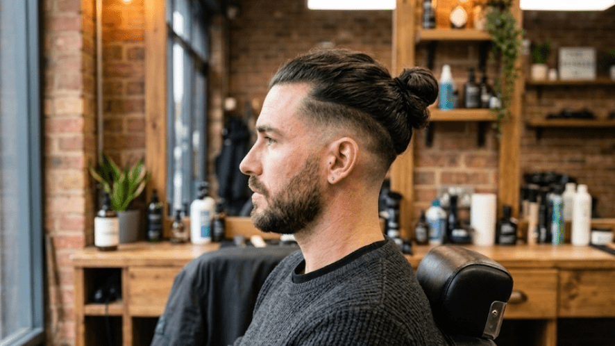 A man featuring a hairstyle with faded sides and longer hair on top pulled back and tied into a small bun at the crown of the head.