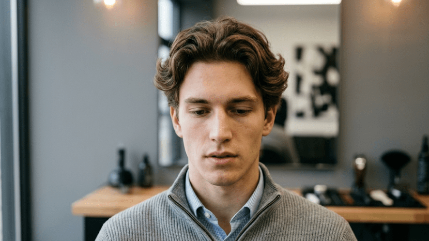 A man with a medium-length flow haircut showing natural wavy texture.