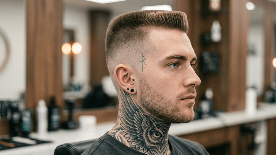 Side profile of a man showcasing a modern flat top haircut with a clean skin fade on the sides.