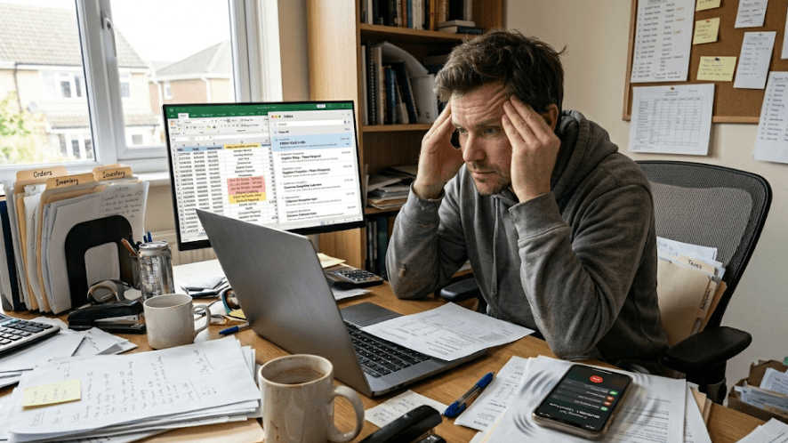 A frustrated hair system dropshipping business owner overwhelmed by the manual and error-prone workflow of traditional dropshipping.