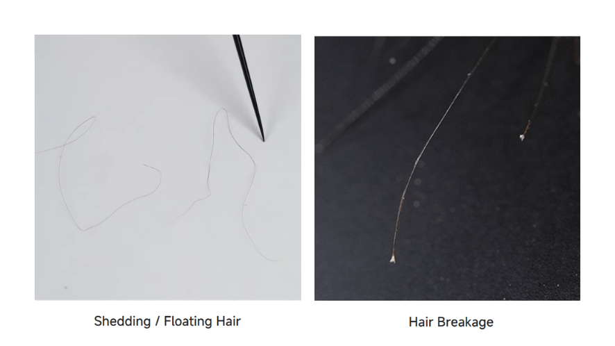 Macro photography of snapped hair strands on a toupee base, showing how breakage differs from full strand shedding.