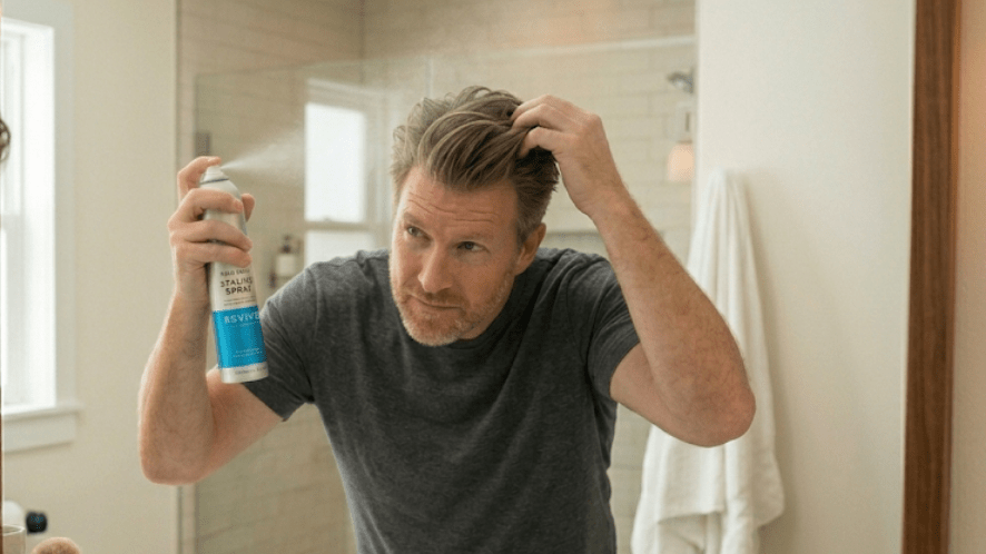 A man spraying hairspray on his hair system, illustrating how excessive use of styling products can lead to buildup and potential shedding.