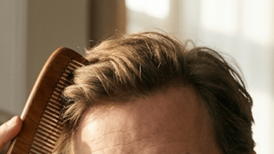 Close-up of a man combing his hair system.