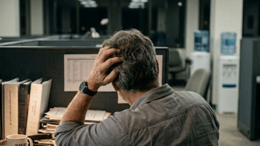 A man sitting in the office, scraching his itchy scalp through his hair system.