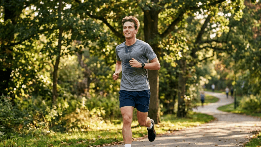 A man running outdoors and sweating, wearing a hair replacement system