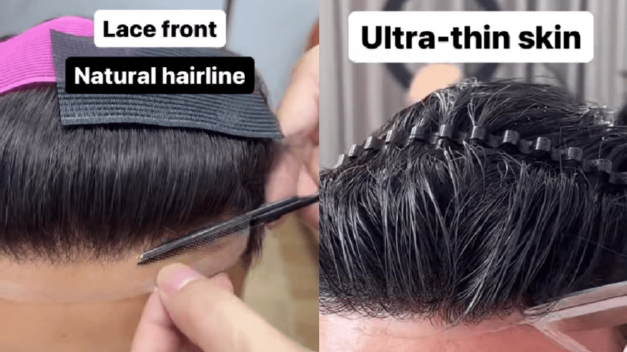 close up effect of French lace front hailine and ultra thin skin hairline