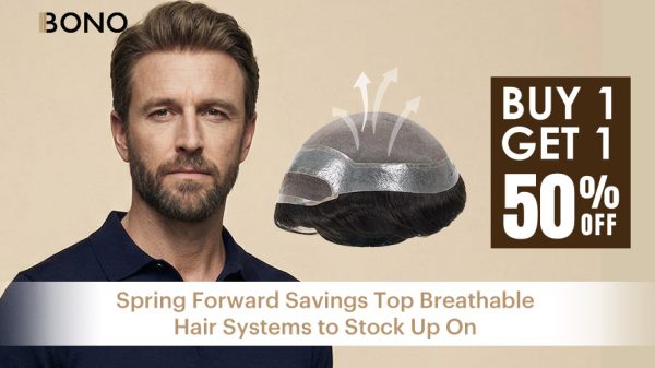Promotion for HOLLYWOODME hair systems, featuring a portrait of a bearded man, a close-up of a breathable hairpiece, and a 'BUY 1 GET 1 50% OFF' sale.