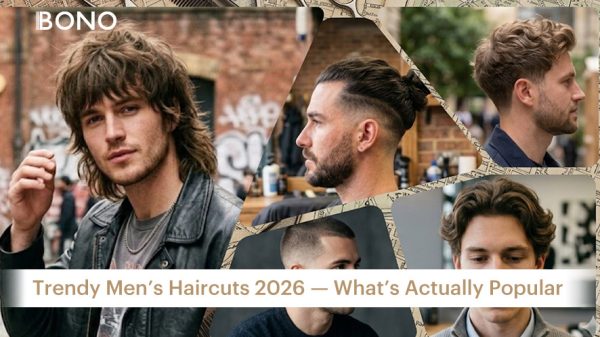A collage of four popular men's hairstyles for 2026, featuring a medium layered cut, a man bun, a buzz cut, and a classic fade.