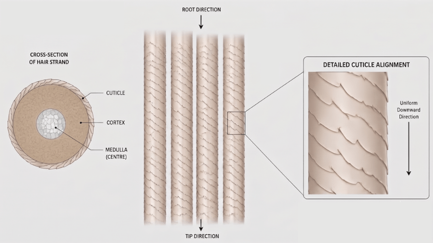 Microscope view of Remy hair showing intact and aligned cuticles
