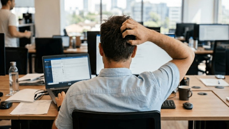 a man sitting in the office scratching his new scalp on a hair system