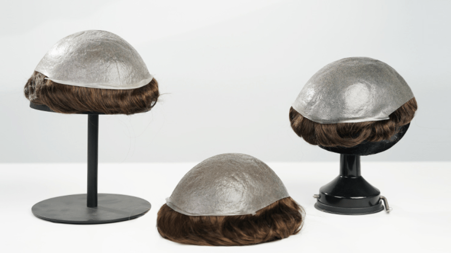 three men's skin hair system showing the base