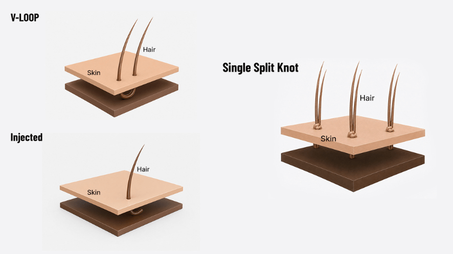 three skin hair system ventilation methods: v-loop, injected, single split knots