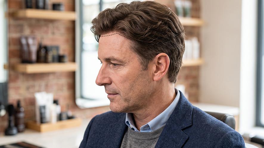 A side profile photo of a man wearing a hair system, with a red dashed line precisely outlining the perimeter where the system connects and blends with his natural hair on the sides and back.