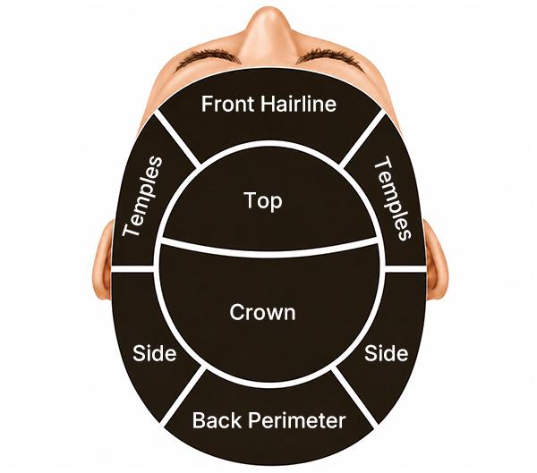 Diagram of a man's head divided into distinct zones for hair system custom gray blending, labeled with Front Hairline, Temples, Top, Crown, Side, and Back Perimeter.
