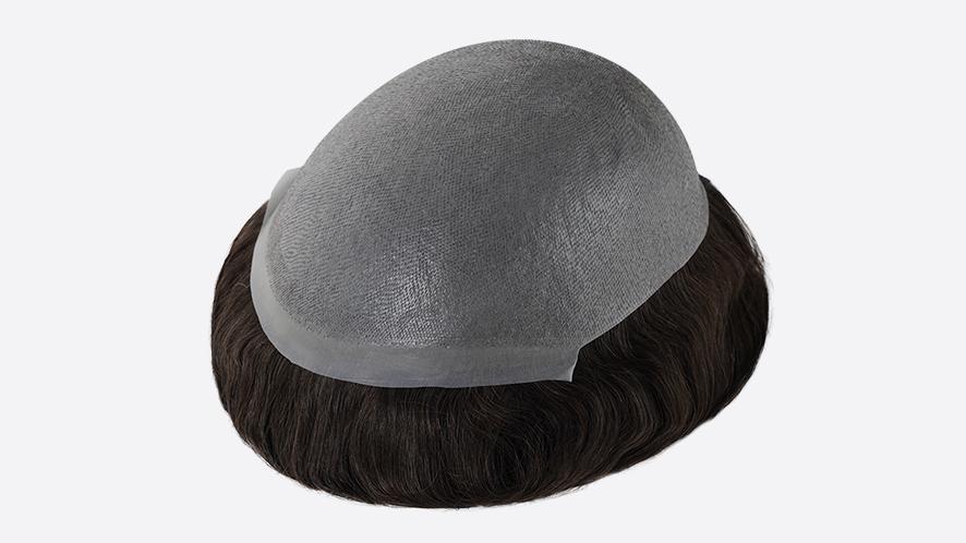 close-up view of the underside of a full skin base toupee from Bono Hair