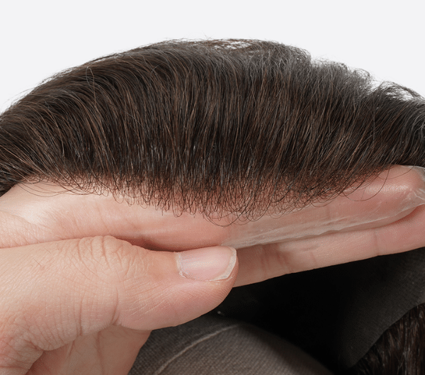 close up of v-loop front hairline of 0.03mm ultra thin skin toupee for men, model BH3